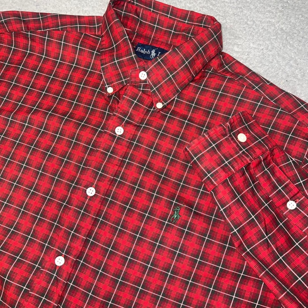 VTG Polo Ralph Lauren Shirt Men's Sz L Red Tartan Plaid Green Pony Button‎ Up